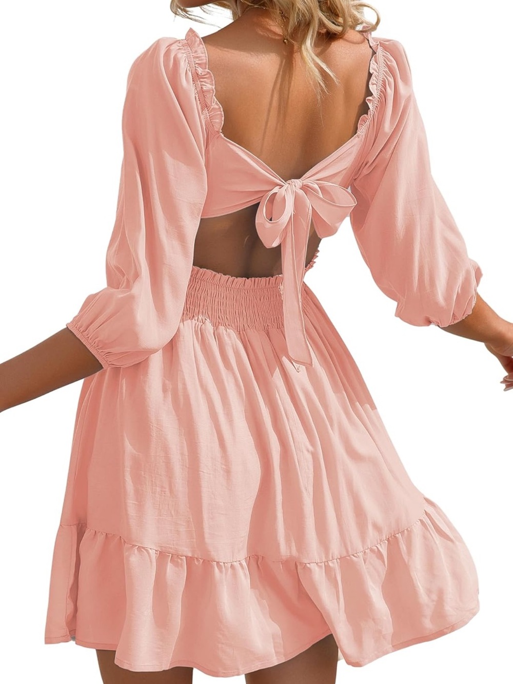 Backless Pink Tie-Back Mini Dress with Puff Sleeves